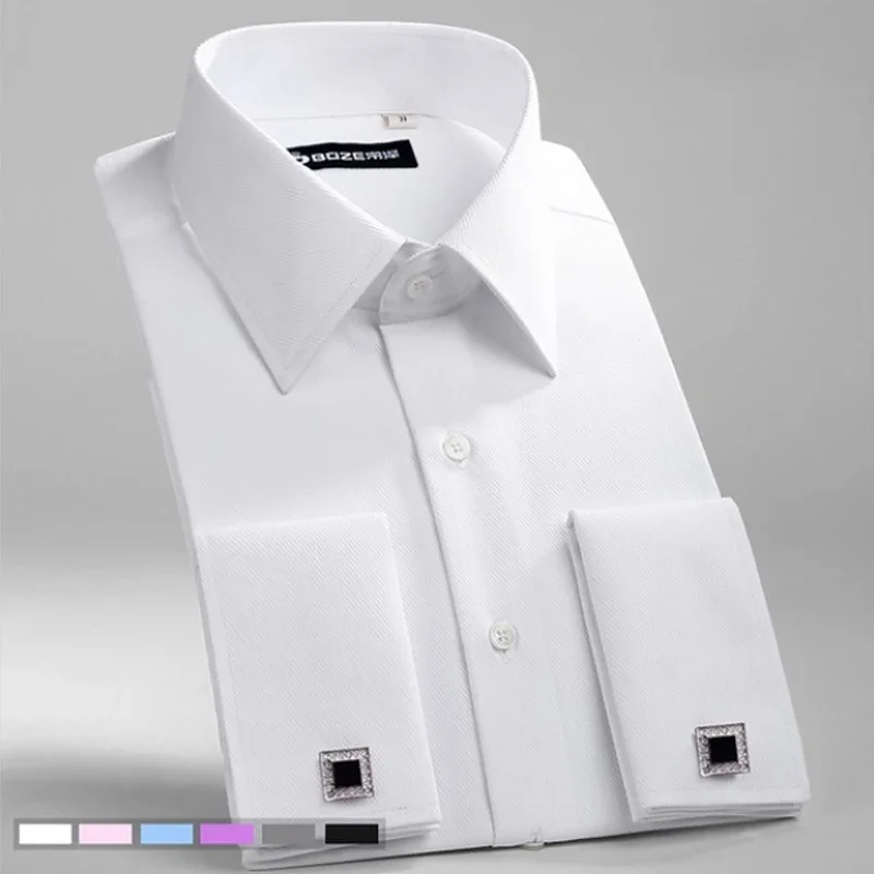 

M~6XL Men's French Cuff Formal Shirt 2024 New White Long Sleeve Formal Business Button Men's Shirt Regular Fit Cuff Button Shirt