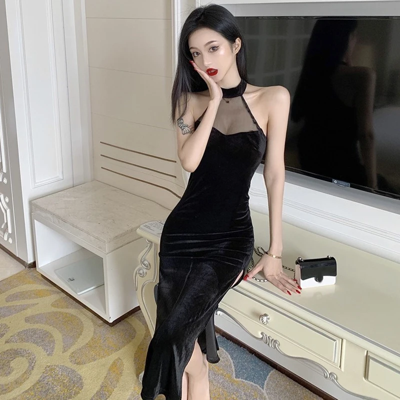 

2023 Elegant Sexy Socialite Halter Gauzy off-the-Shoulder Black High Waist Slimming Sheath Split Sleeveless Dress for Women