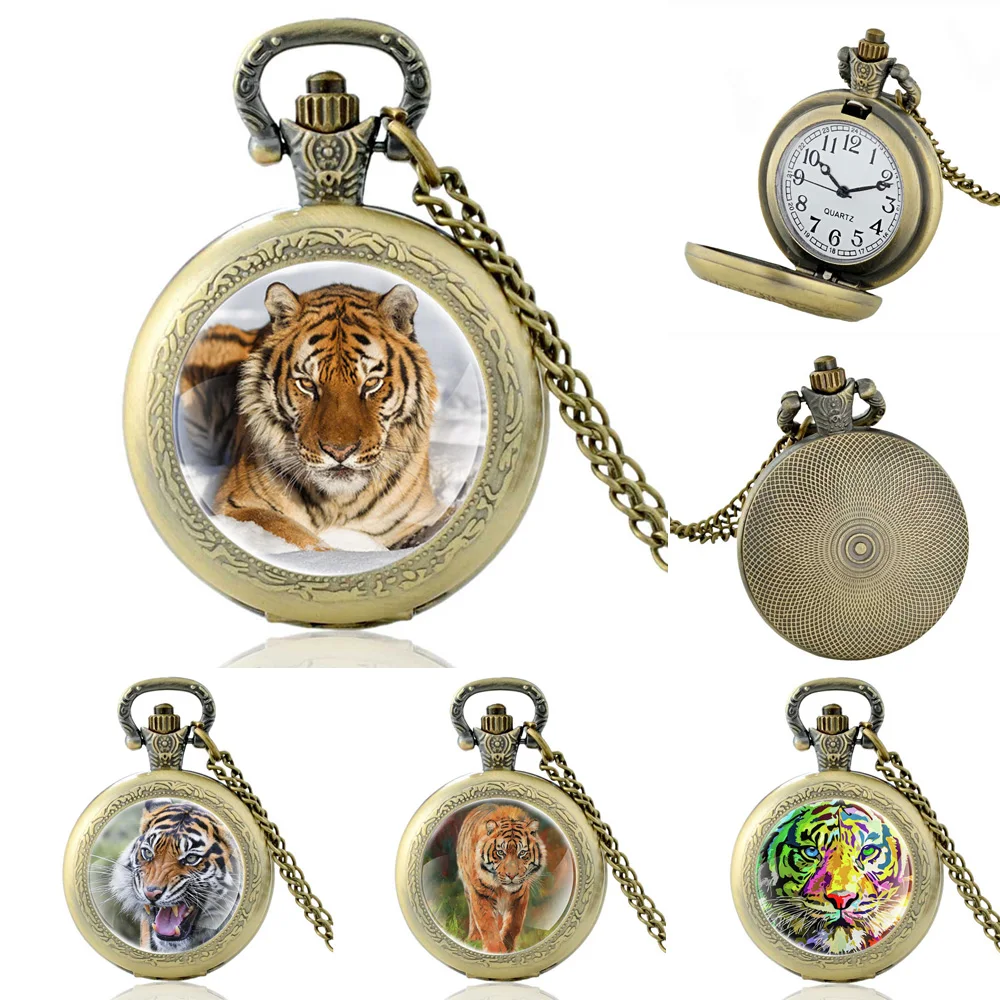 

Classic Tiger Theme Design Quartz Pocket Watch, Vintage Bronze Men Women Necklace Watches