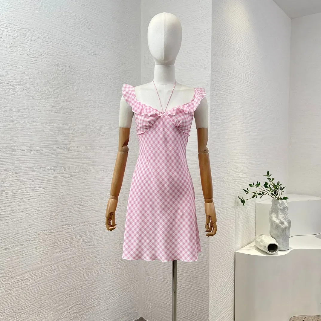 

Pink Khaki White Plaid Print Sleeveless Halter Flouncing Ruffle Collar Backless Mini Dress Silk 2024 New High Quality for Women
