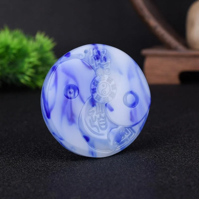 

Natural Blue White Jade Tai Chi Gossip Pendant Necklace Fashion Jewelry Chinese Carved Boutique Charm Amulet Gifts for Women Men