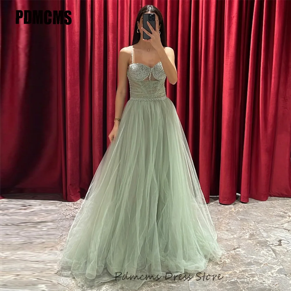 

PDMCMS Mint Green Evening Dresses Tulle Beadings Graceful Long A Line Spaghetti Straps Prom Gowns For Women 2024 Party Dresses