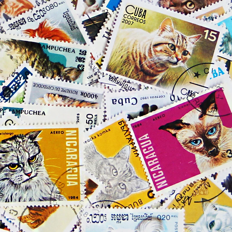 

100 different Cats Stamps 100 No Repeat Cat Real Used Post Stamp Collection Scrapbooking Material Vintage Stickers Happy Planner