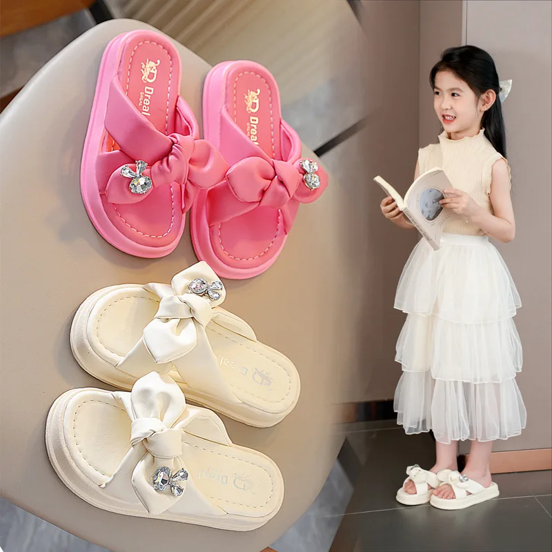 

Summer Kids Slippers for Girl Fashion Crystal Rabbit Beach Shoes Soft Thick Soled Open-toe Children Outer Wear Non-slip Slippers