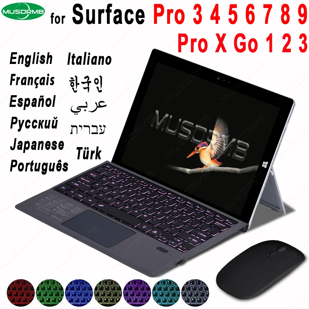 

For Microsoft Surface Pro 3 4 5 6 7 8 9 Pro X Go 1 2 3 4 Keyboard Backlit Trackpad Wireless Arabic Russian Spanish Korean AZERTY