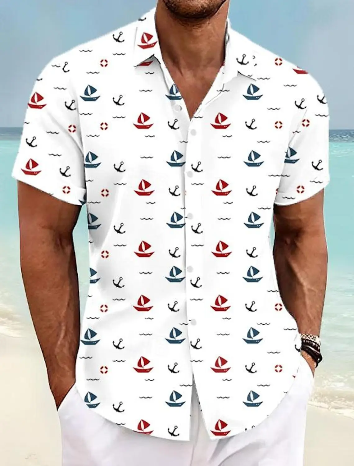 

Sailboat Graphics Men's Resort Hawaiian Casual 3D Printed Street Shirt Summer Turndown Short Sleeves 4-Way Stretch Fabric Shirts