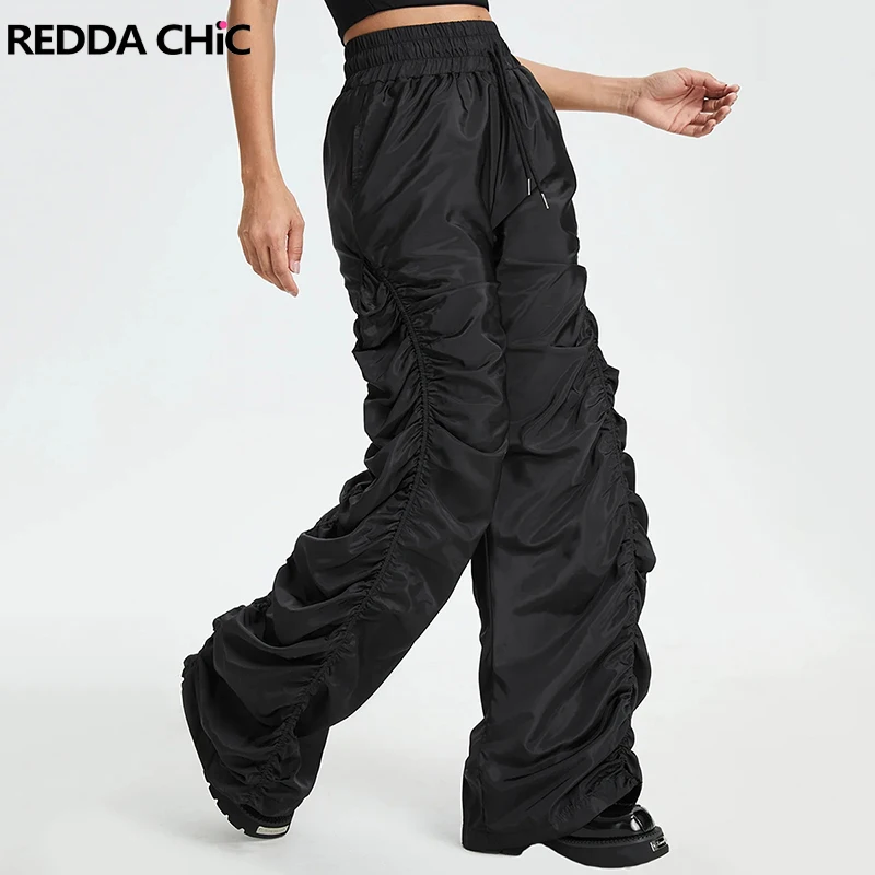 

ReddaChic Women Elastic Waist Stacked Oversized Pants Vintage Black Plain Ruched Wide Leg Casual Slacks Grunge Y2k Streetwear