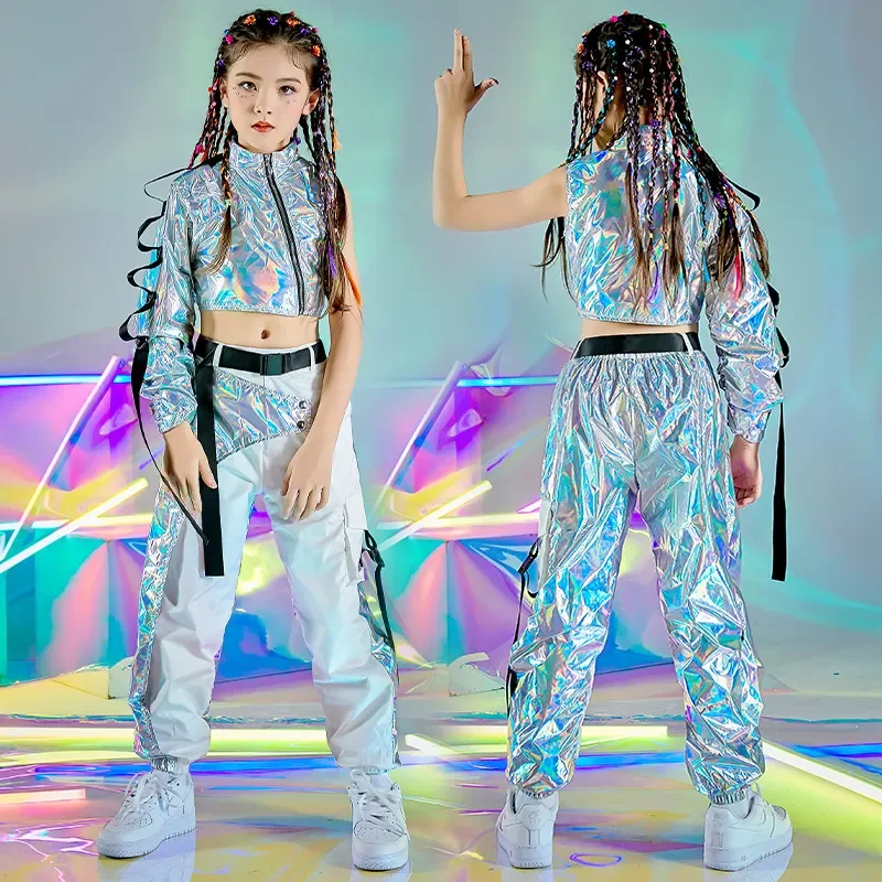 

Festival Crop Tops Cargo Pants Catwalk Show Costume PU Hip-Hop Dance Clothes Reflective Rave Outfit Girl Sets Jazz Dancewear