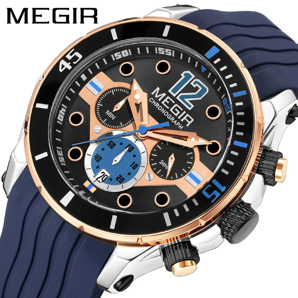 

MEGIR Men's Watch Silicone Band Sport Watch Luminous Waterproof Quartz Wristwatch Male Clock Chronograph Мужские кварцевые часы