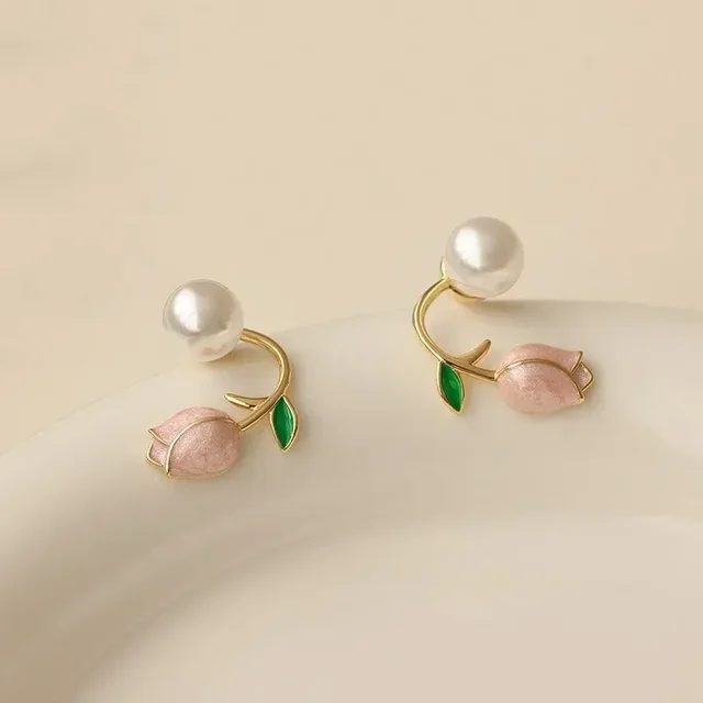 Boucles d'oreilles en émail perle tulipe fleur pour femme, bijoux de mariage, doux, tempérament coréen, face arrière, mode 2