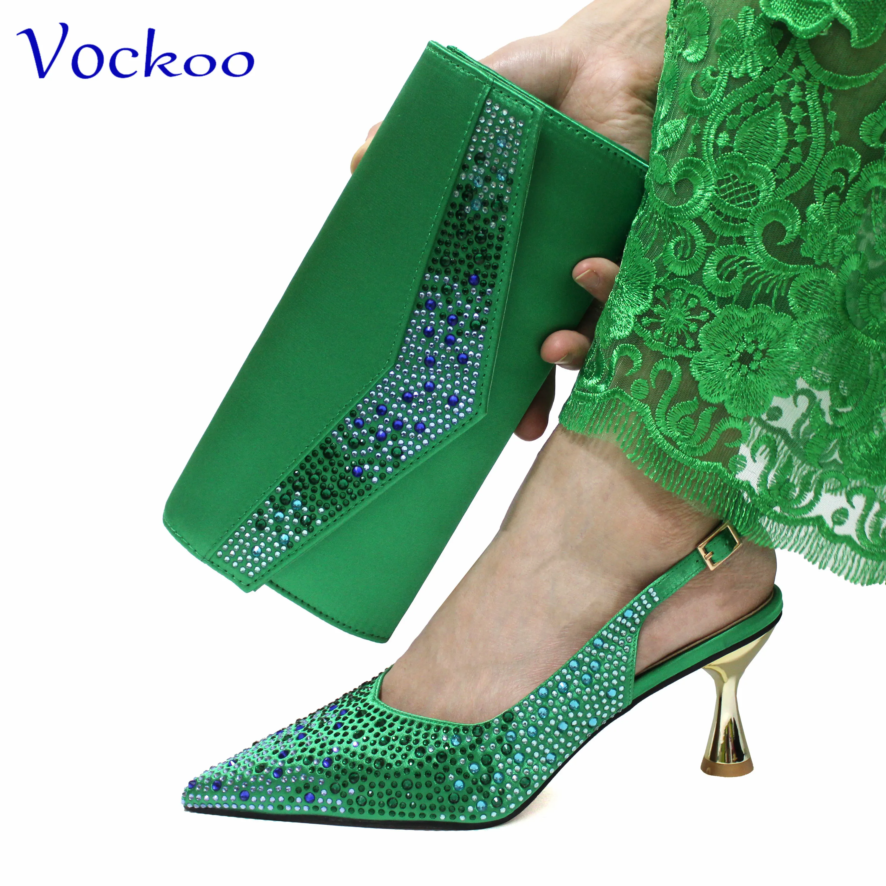 

2024 Elegant Women Specials Design High Quality Pointed Toe Comfortable Heels with Shinning Crystal in Green Color for Party