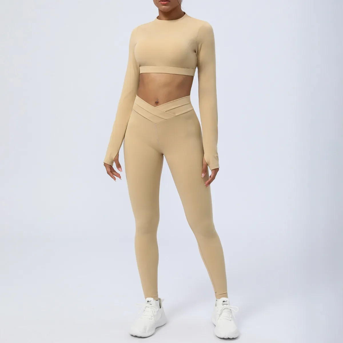 

New Openwork Beauty Back Yoga Clothes Long-sleeved Navel-exposed Sports Tights+cross-spliced Peach Hip-lifting Tights