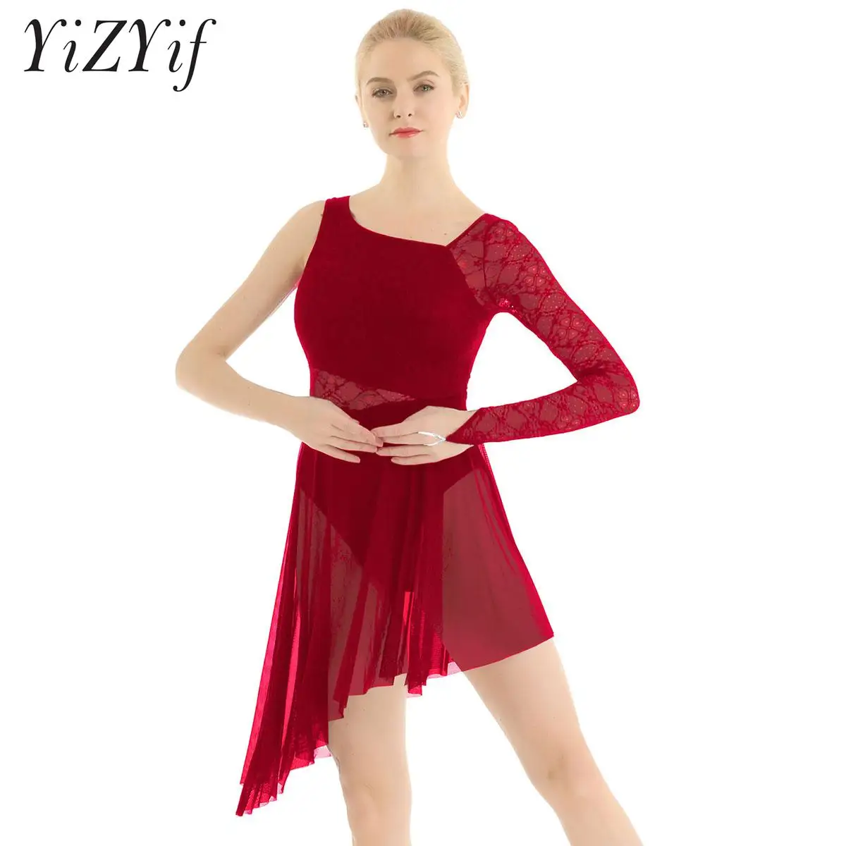 

Women Lace Sheer Mesh Flowy Tulle Ballroom Dance Dress Leotard Single Shoulder Long Sleeve Skirted Bodysuit for Lyrical Ballet