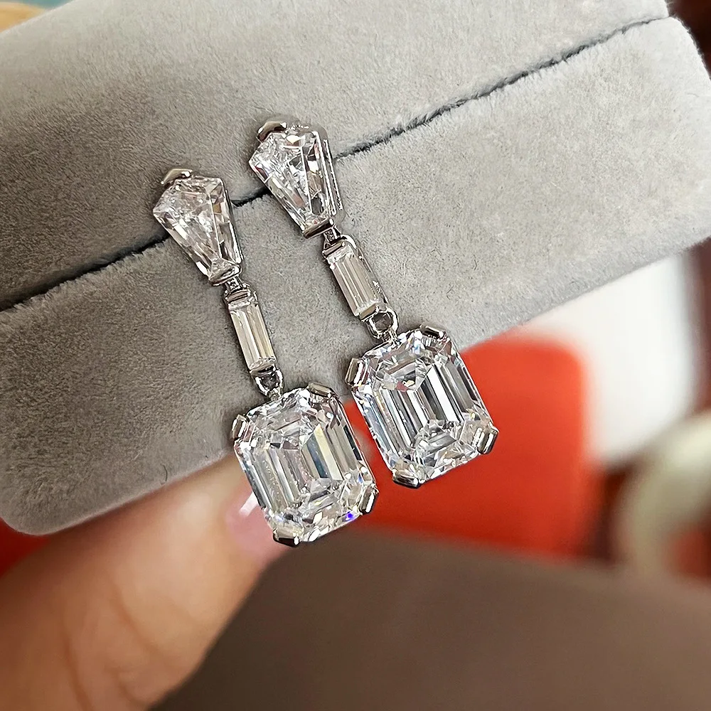 

2023 new s925 silver 4ct rectangular pagoda cut 8 * 10 high carbon diamond earrings European and American light luxury