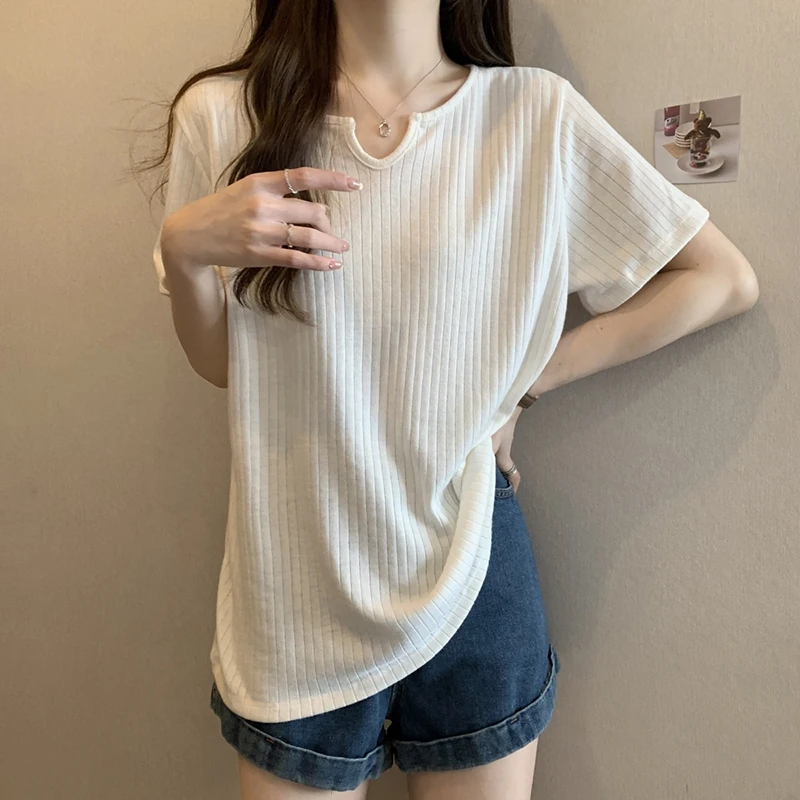 

Ribbed Summer Solid Short Sleeve Women V Neck T Shirts Fashion All-match Casual Oversized Tunic 2023 Sexy Tops Grey White Black