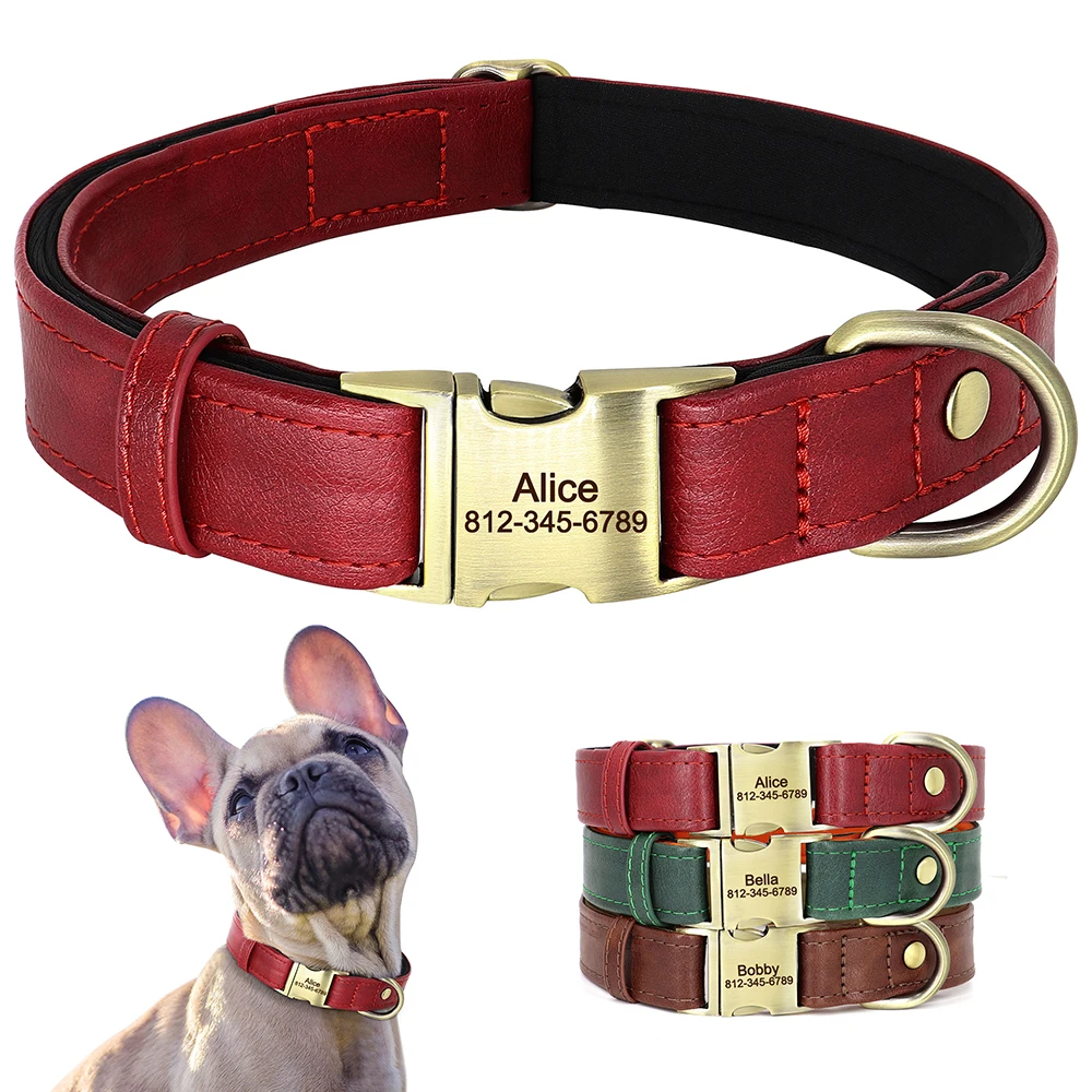 

Customized Soft Leather Dog ID Collar Personalized Dogs Collars with Metal Buckle PU Leather Padded for Small Medium Dogs Pug