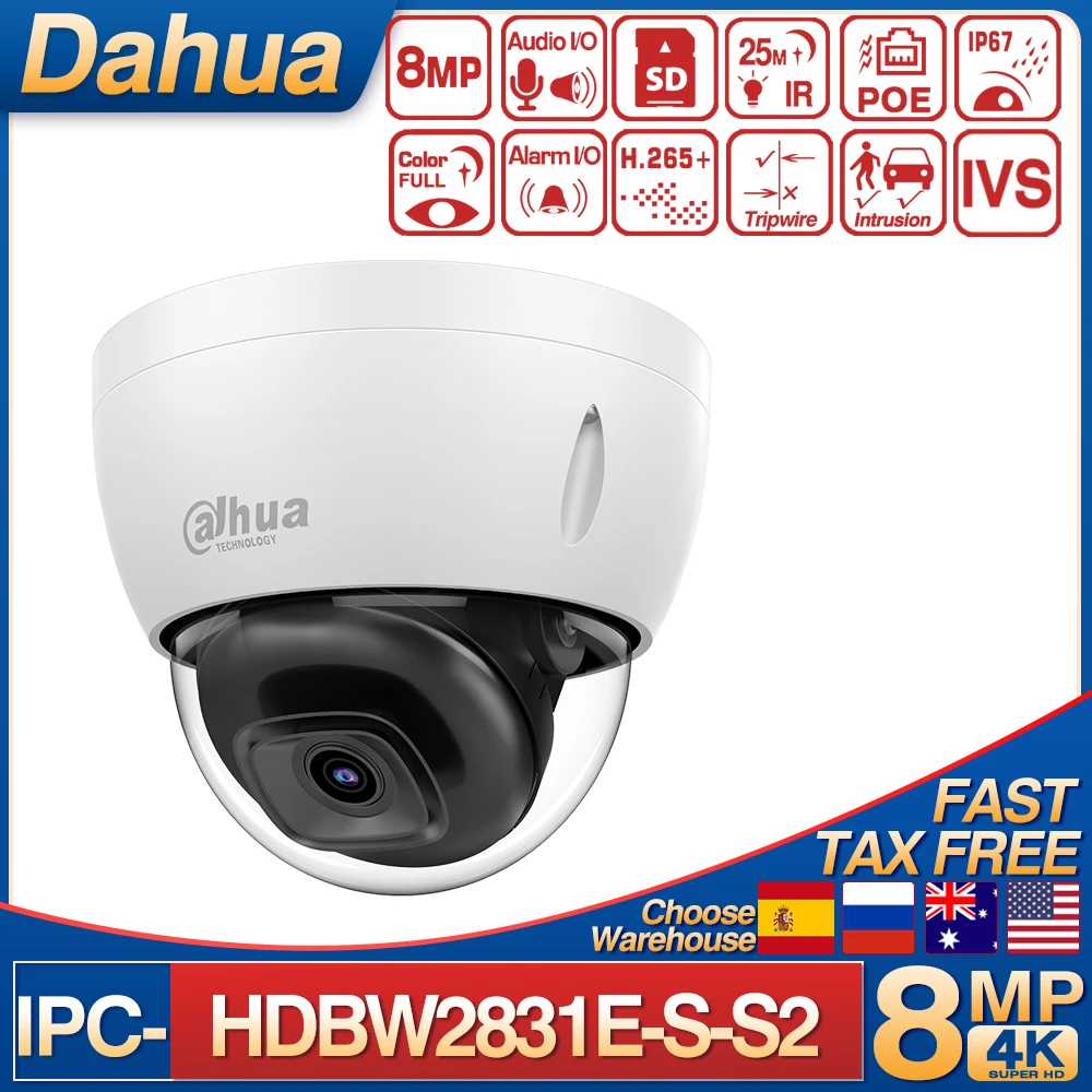 

Original Dahua 8MP Dome IP Camera IPC-HDBW2831E-S-S2 H.265+ Built-in SD Card Slot IP67 IR 30M IVS WDR IK10 POE Network Camera