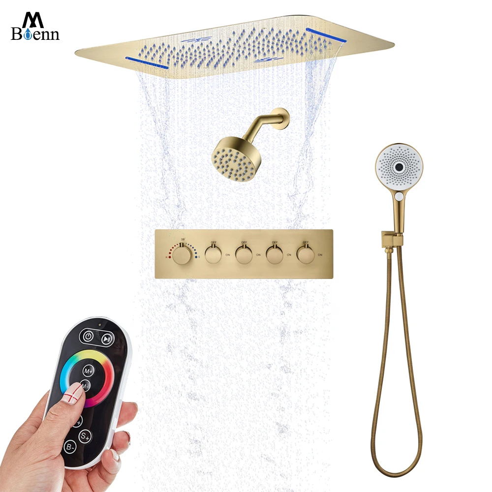 

M Boenn Household Bathroom Brushed Gold Shower System Hotel DIY Modern Double Rain Shower Head 4 Functions Thermostatic Faucets