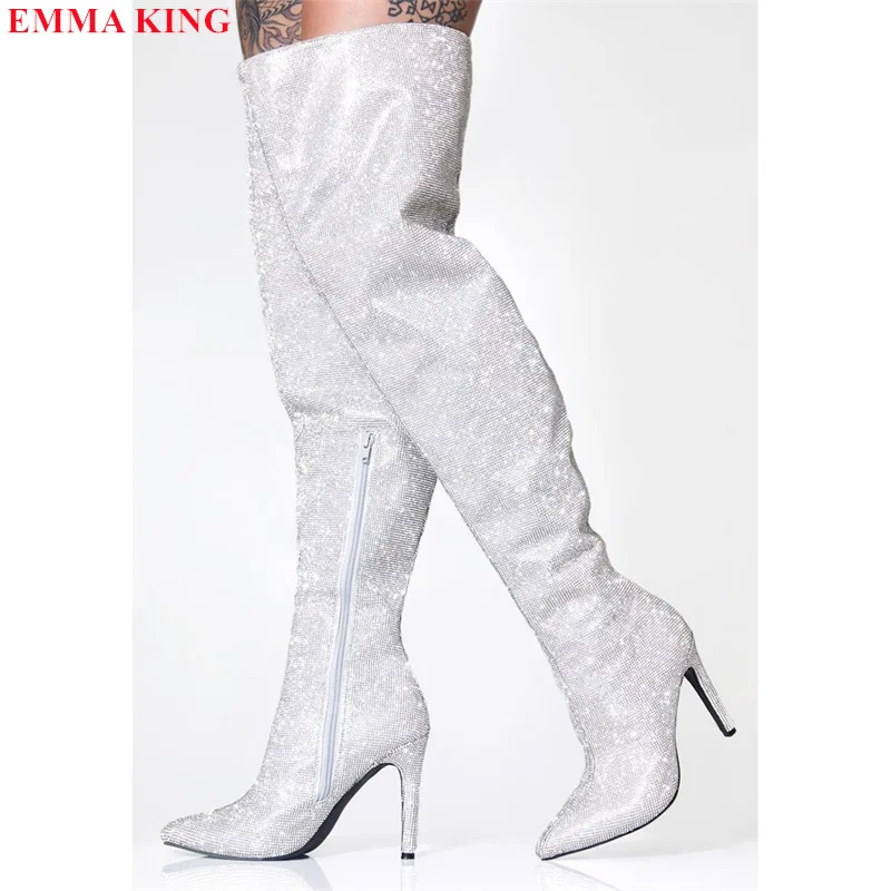 

Роскошные брендовые Серебристые сапоги Стразы выше колена Дизайнерские Сапоги до бедра с кристаллами на высоком каблуке Модные женские вечерние длинные сапоги для женщин