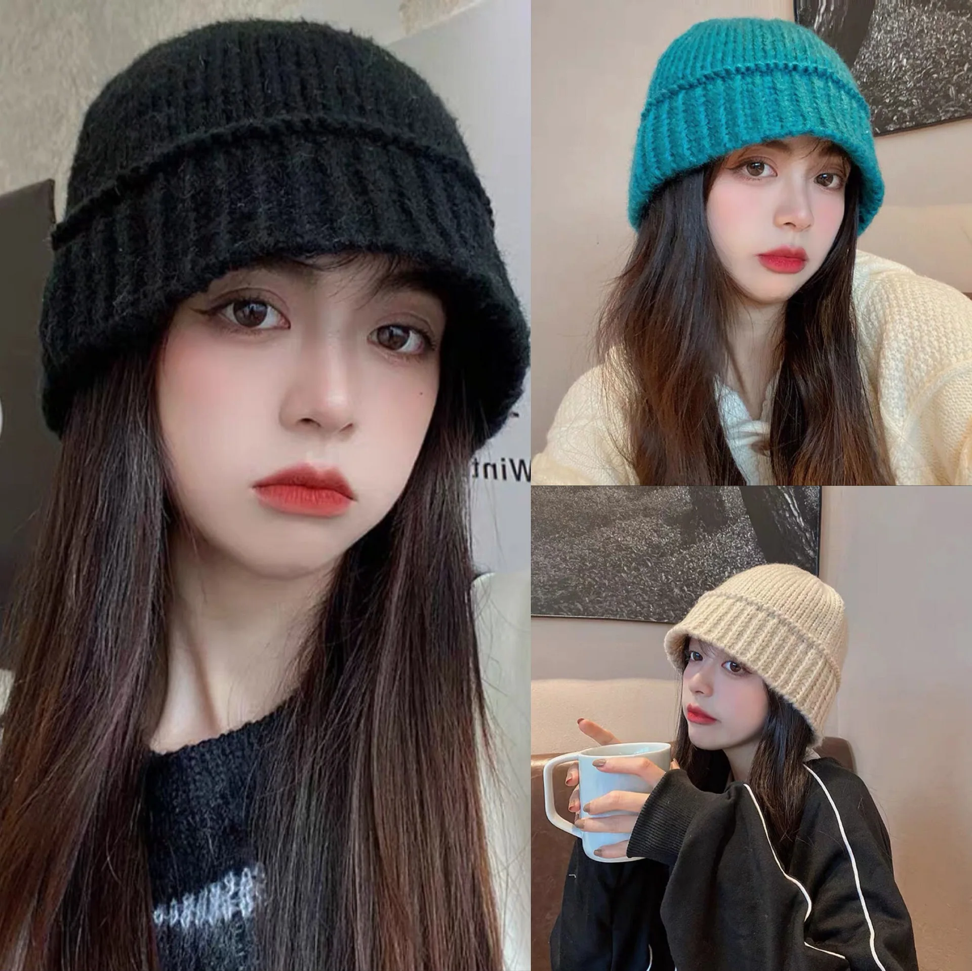 

Women Autumn Knitted Skull Hat for Women Wool Knit Buket Hat Soft Warm Fisherman Beanie Cap Slouchy Winter Crochet Skull Hat