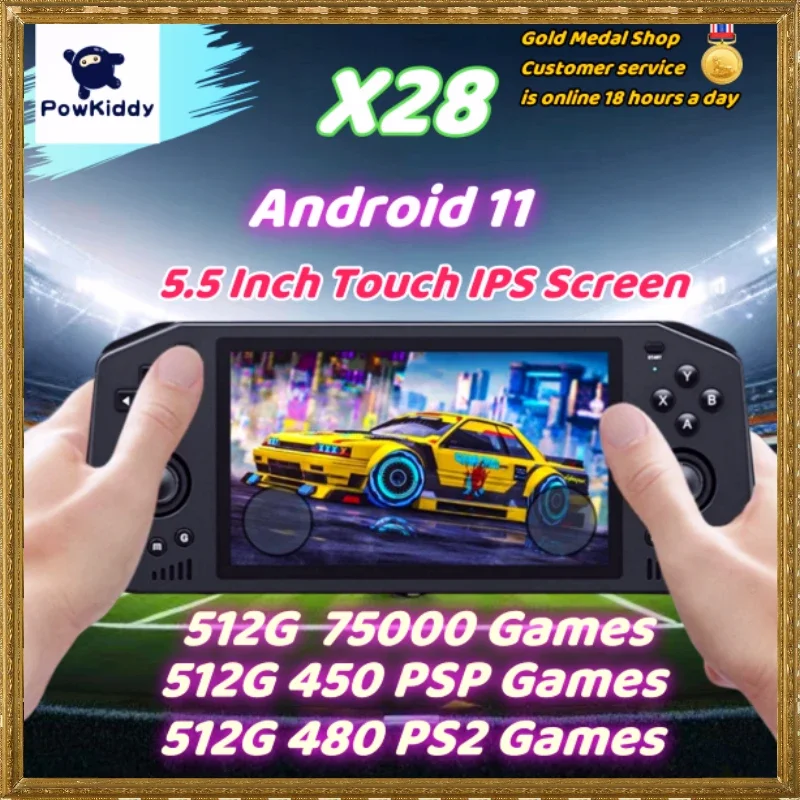 

Powkiddy X28 Retro Handheld Video Game Console Android11 5.5 Inch Touch Screen Supports HD TV OUTPUT 512G 75000 GAME PSP PS2