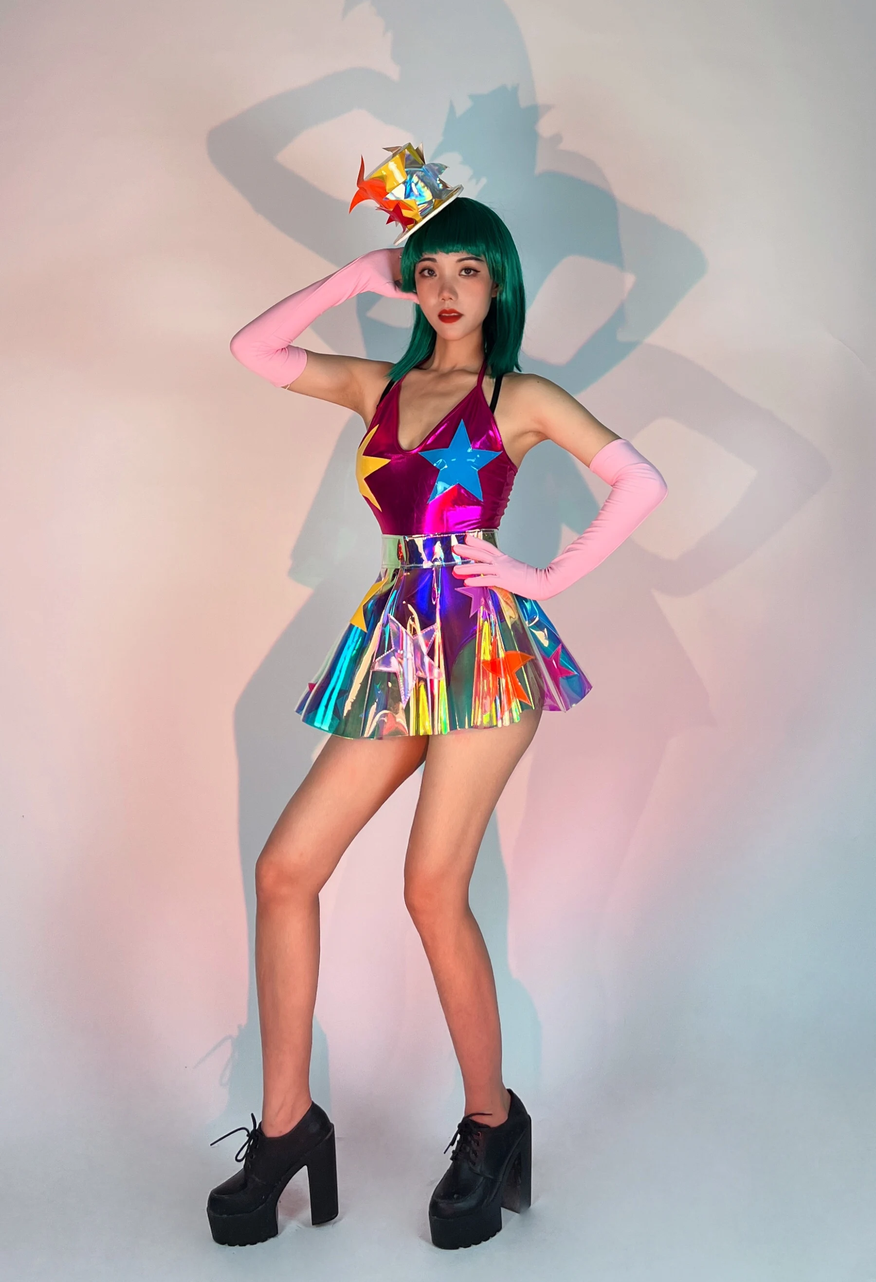 

Women nightclub Gogo Dancer Costume Laser Bodysuit Skirt Pole Dance Clothes Rave Outfit Star Hat Dancing Festival Clothing