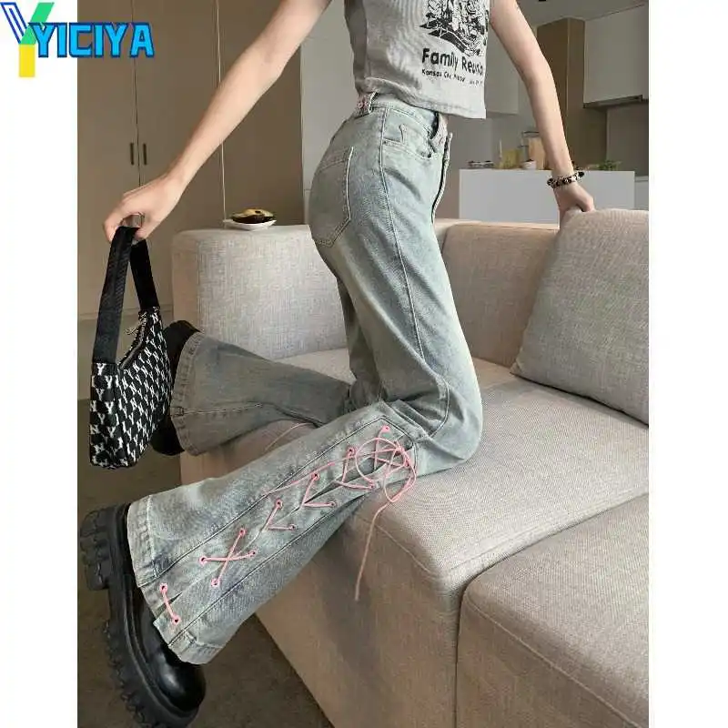 

YICIYA Y2K cargo Flare Jeans bandage design trousers blue Jean Washed fashion Clothes boot cut pant new outfits 90s vintage 2024