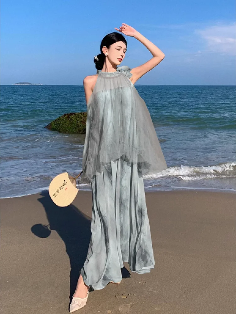 

Новинка, имитация двух частей в китайском стиле, платье с лямкой на шее, летнее пляжное платье для отдыха на море