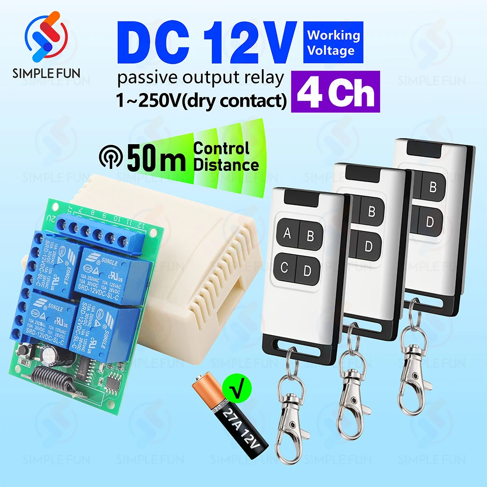 

RF Universal Remote Control Switch DC 12V 4CH 433Mhz Relay Receiver Module and 50m Transmitter for Light/Garage/Curtain/Motor