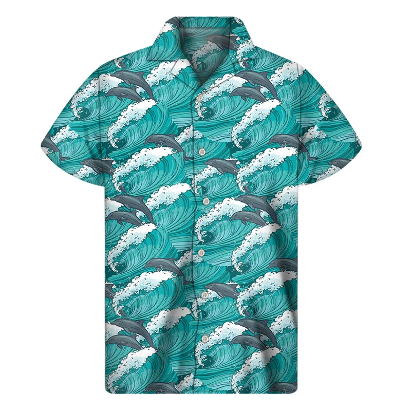 

Гавайская рубашка с милым мультяшным дельфином для мужчин, рубашки с 3D принтом животных, модные топы в стиле Харадзюку с коротким рукавом, уличная одежда, блузка на пуговицах
