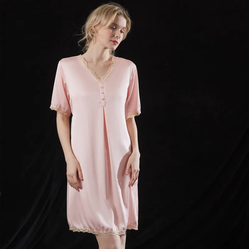 

New Nightdress For Women Palace Style Button Nightgown Sleepwear Sexy Lace V Neck Bathrobe Sleepdress Loose Rayon Home Wear