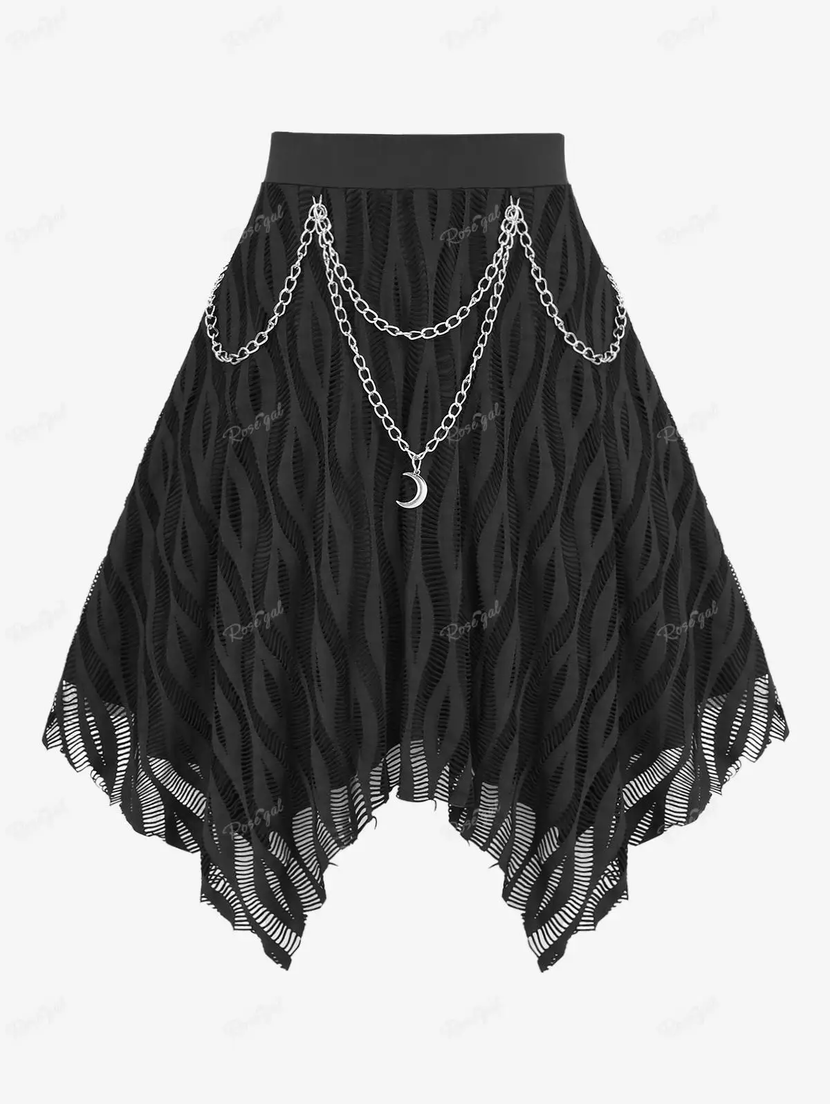 

ROSEGAL Plus Size Gothic Asymmetric Skirts Black Textured Mesh Layered Moon Chain Tassel Skirt Elastic Waist Handkerchief Bottom