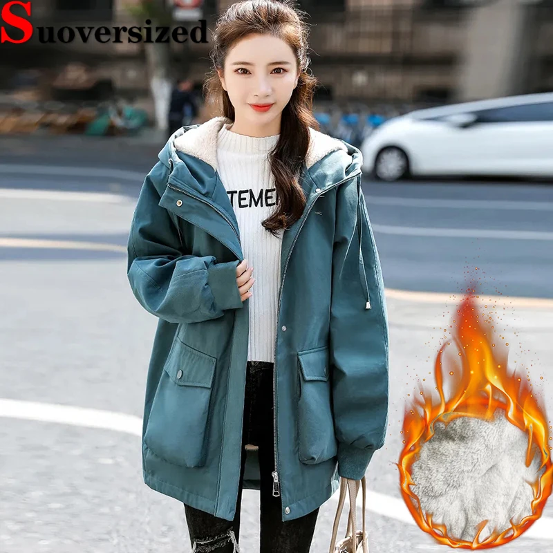 

Бархатная парка средней длины с капюшоном, зимняя утепленная куртка-карго, ветрозащитная теплая Женская куртка, корейская мода, свободная верхняя одежда