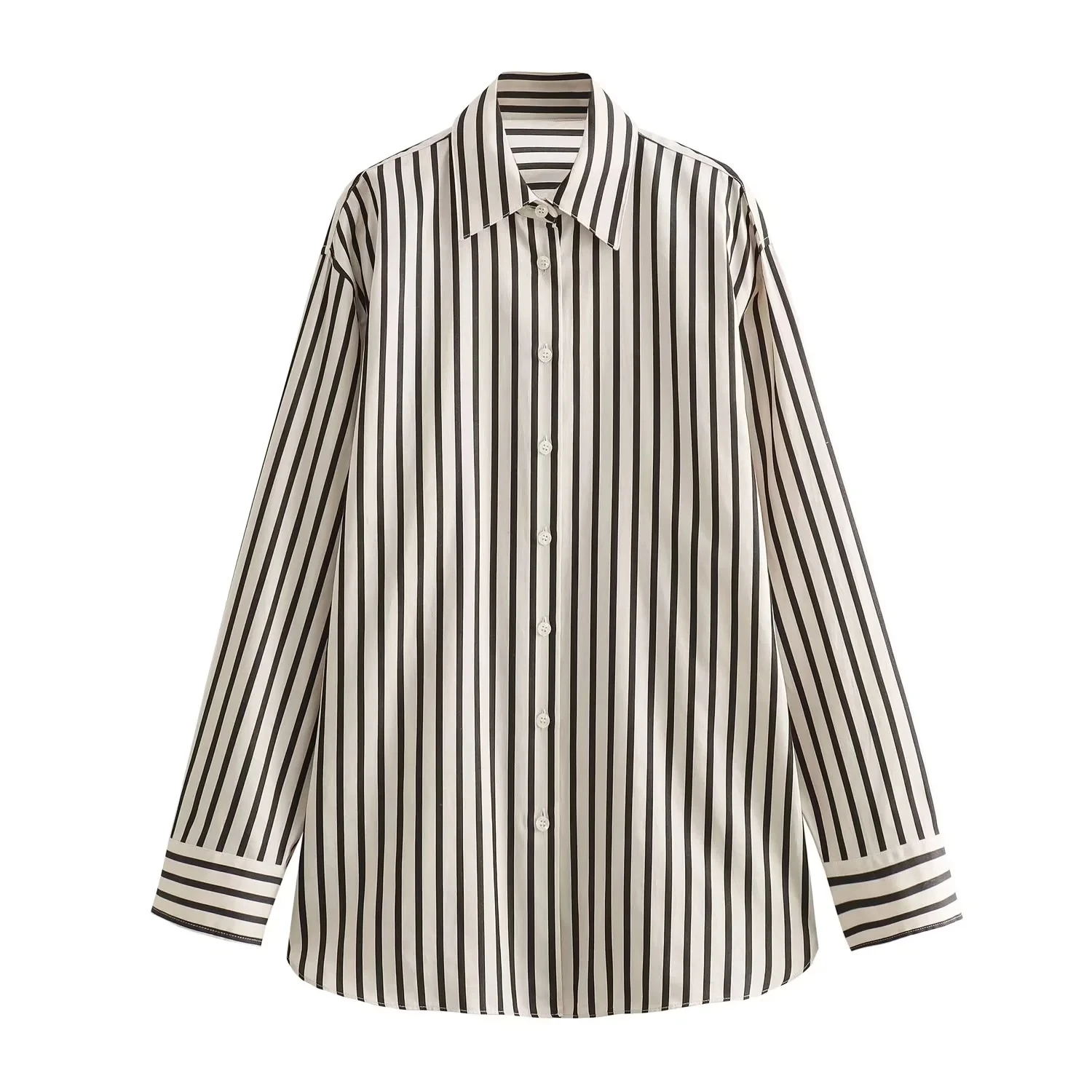 

TRAF 2023 Woman Striped Shirts Vintage Lapel Button Asymmetric Hem Blouse Female Clothing Long Sleeve Tops Autumn Casual Shirt