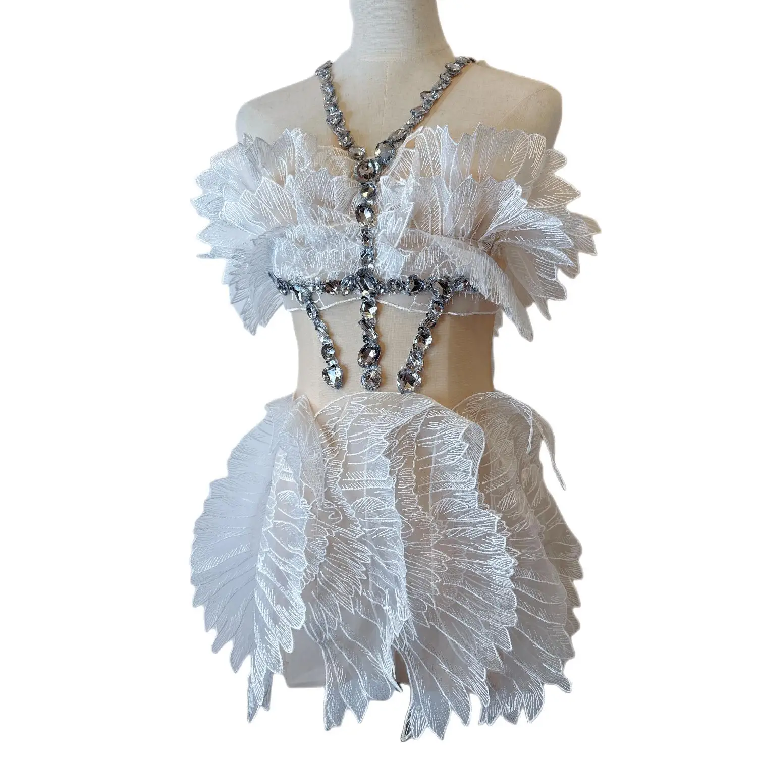 

Fashion White Cicada Wings Dress Shinny Crystal Birthday Party Dress Women Stage Performance Costume Formal Prom Evening Dress