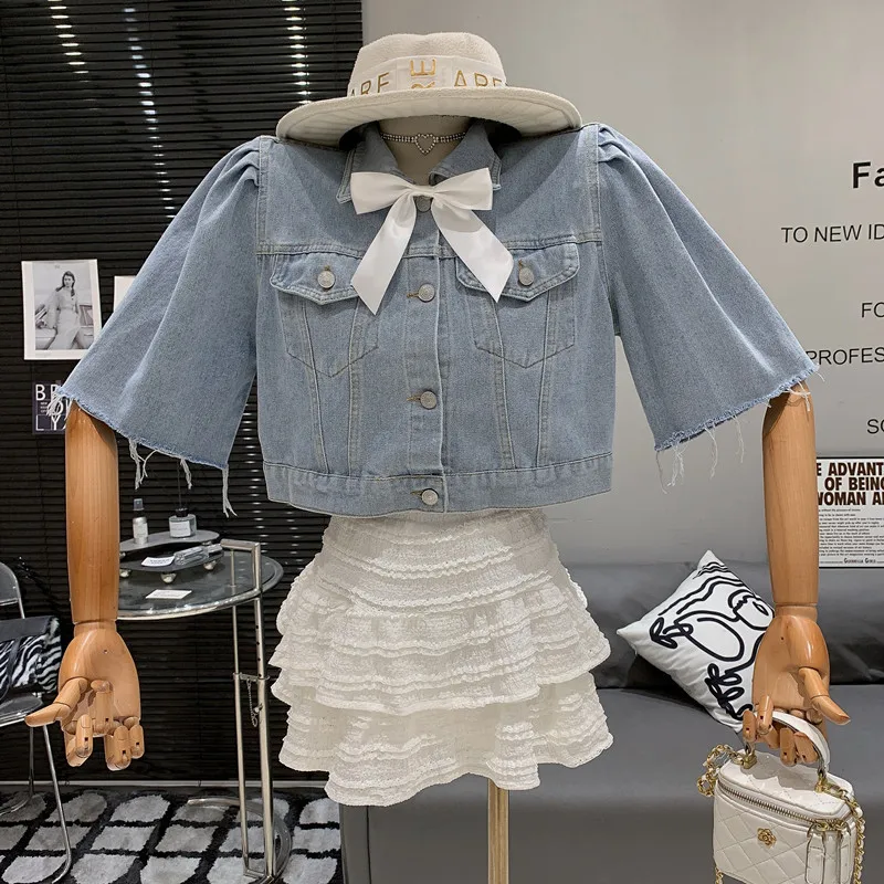 

A two piece set of sweet and gentle style lapel bow denim top+high waisted ruffled skirt conjuntos para vestir
