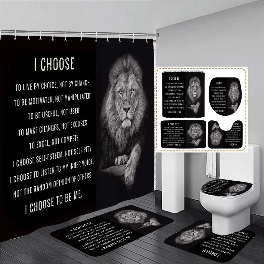 

Black Lion Shower Curtain Set Wild Animal Motivational Quote Bathroom Curtains Non-Slip Bath Mat Rug Toilet Lid Cover Home Decor