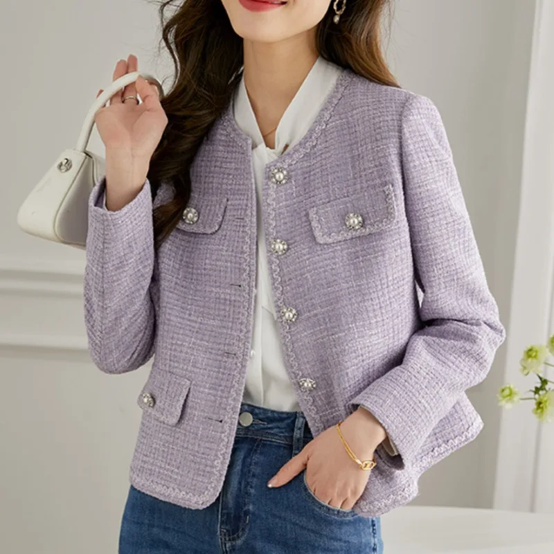 

Office Lady Jacket Small Fragrance Coat Female Autumn Spring 2024 New Top Round Neck Joker Tweed Cardigan Women's Short Blouse