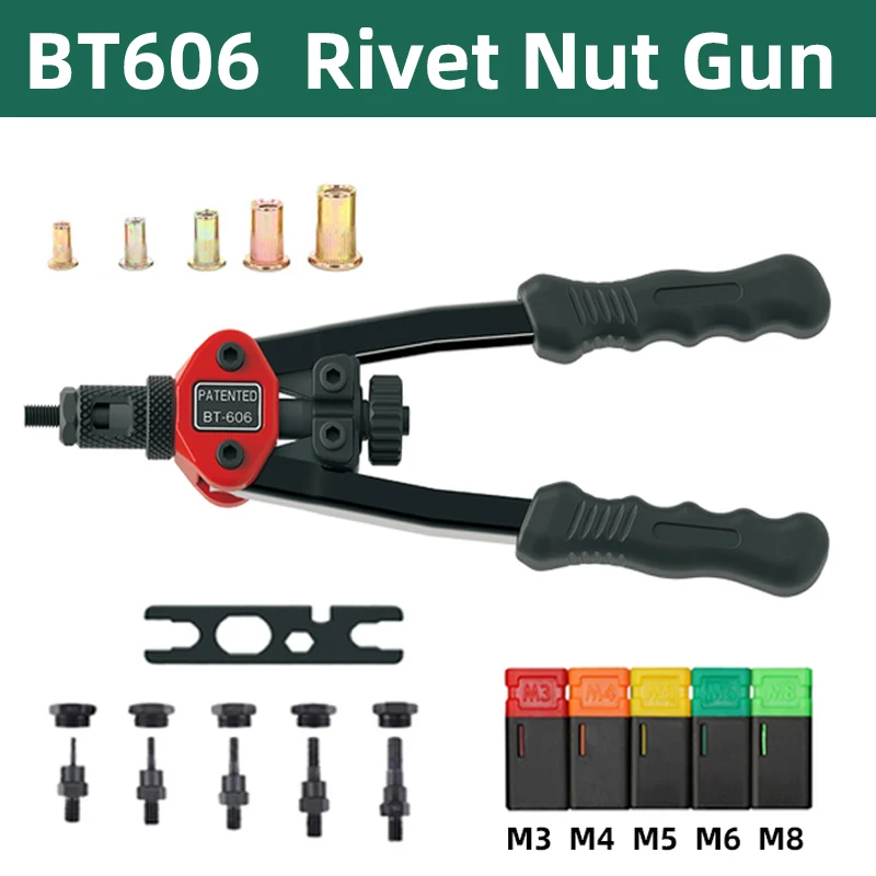 

BT-606 Riveter Gun Tool Threaded Hand Rivet Nut Gun M3 M4 M5 M6 M8 Double Insert Manual Double Handle Riveter Tool 200pcs Nuts