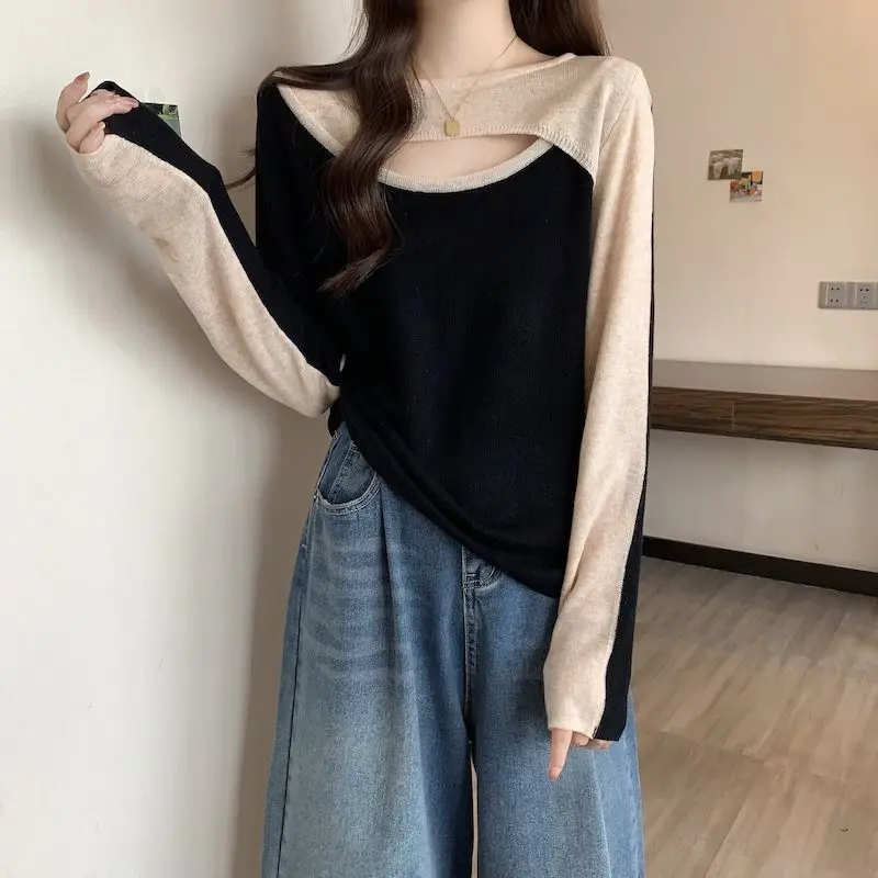 

Women's Clothing Trendy Sexy Hollow Asymmetrical Patchwork T-shirts Y2K Female Casual O Neck Long Sleeve Loose Ribbed Chic Tops