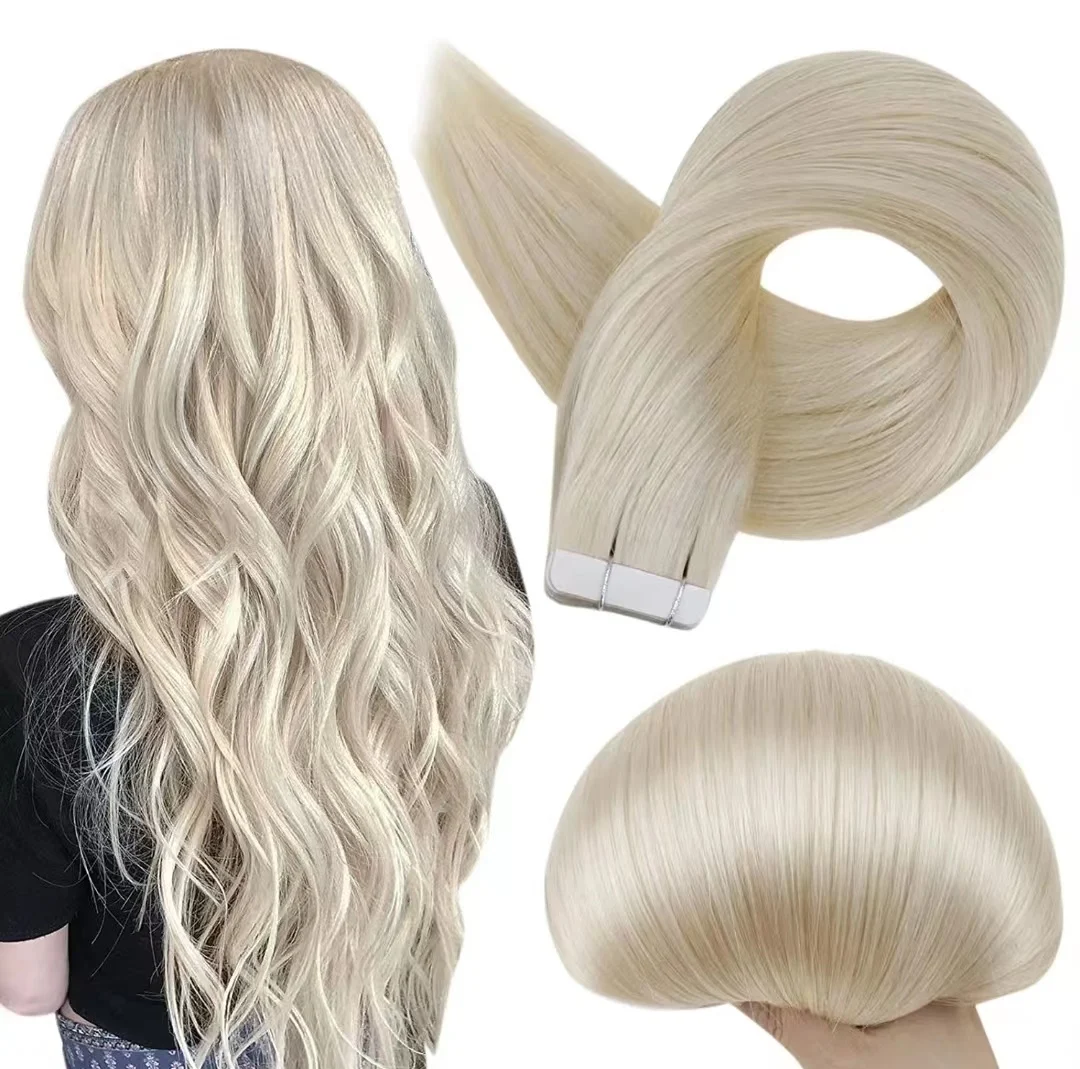 

#60 Straight Tape in Human Hair Extensions Remy Human Hair Light Platinum White blonde Seamless PU Skin Weft 100% Real Virgin