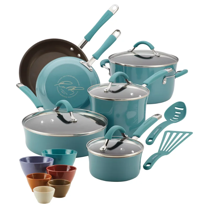 

Rachael Ray 18 Pc. Cucina Hard Enamel Nonstick Cookware and Prep Bowl Set, Blue cooking pots set