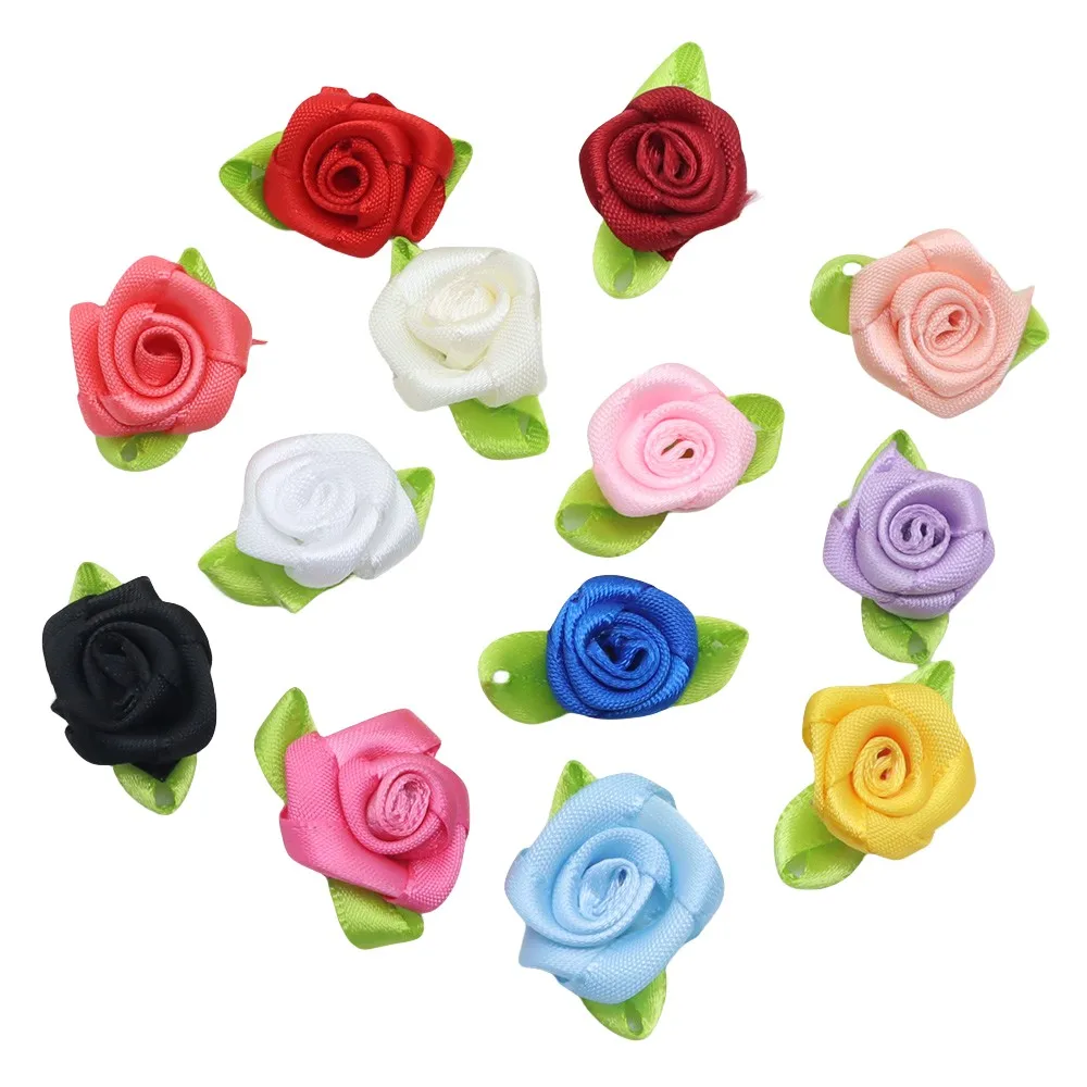 

50pcs 2cm Handmade Mini Satin Ribbon Bows Roses Flowers with Green Leaves Artificial Wedding Ornament Applique Sewing DIY Crafts