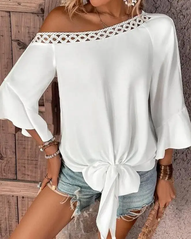 

Sexy Top Women Fashion 2023 Casual Summer V-Neck Skew Neck Hollow Out Ruffle Sleeve Top Female Clothing T-Shirts Pullover Tops