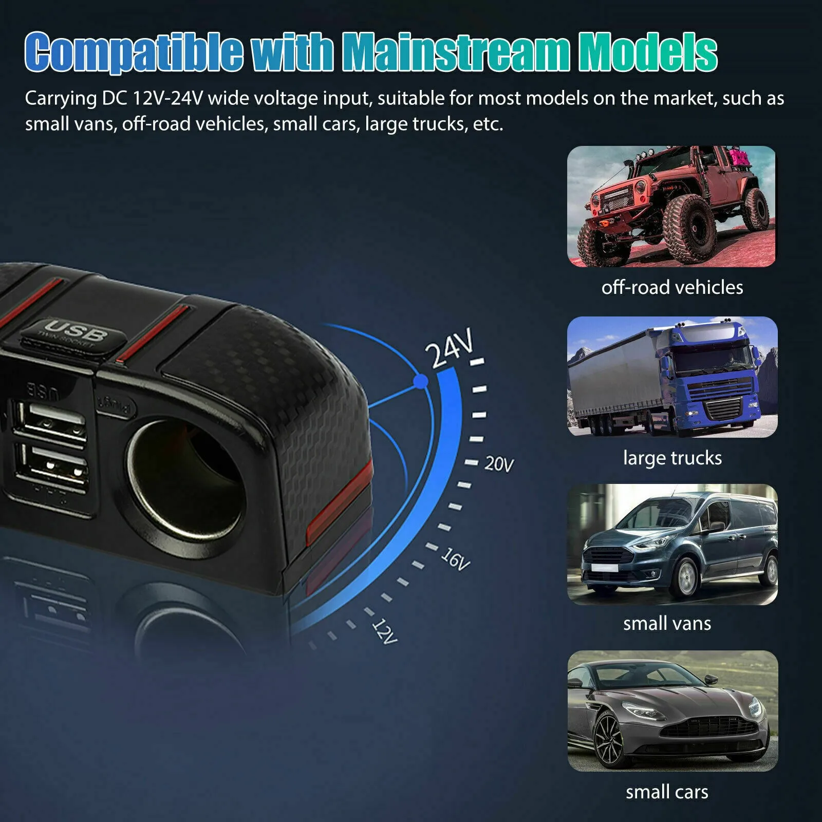 1 X 2 Way Cigaret Lighter Splitter + 2 USB Car Charger DC12V-24V Fit For Small Vans Off-road Vehicles Small Cars Large Trucks
1 X 2 Way Cigaret Lighter Splitter + 2 USB Car Charger DC12V-24V Fit For Small Vans Off-road Vehicles Small Cars Large Trucks