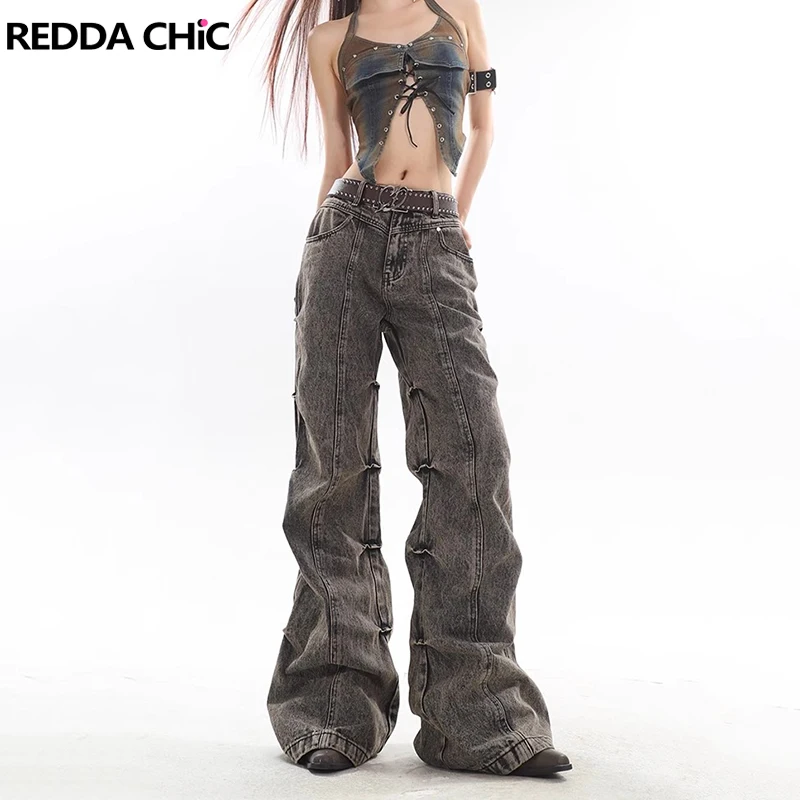 

REDDACHiC Women Retro Gray Stacked Flare Jeans Distressed Y2k Hip Hop Trousers Low Rise Bootcut Pants Loose Casual Bell Bottoms