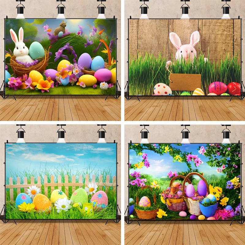 

SHENGYONGBAO Colorful Easter Scene Background Spring Eggs And The Cute Rabbits On The Grass Photography Backdrops Props FE-02