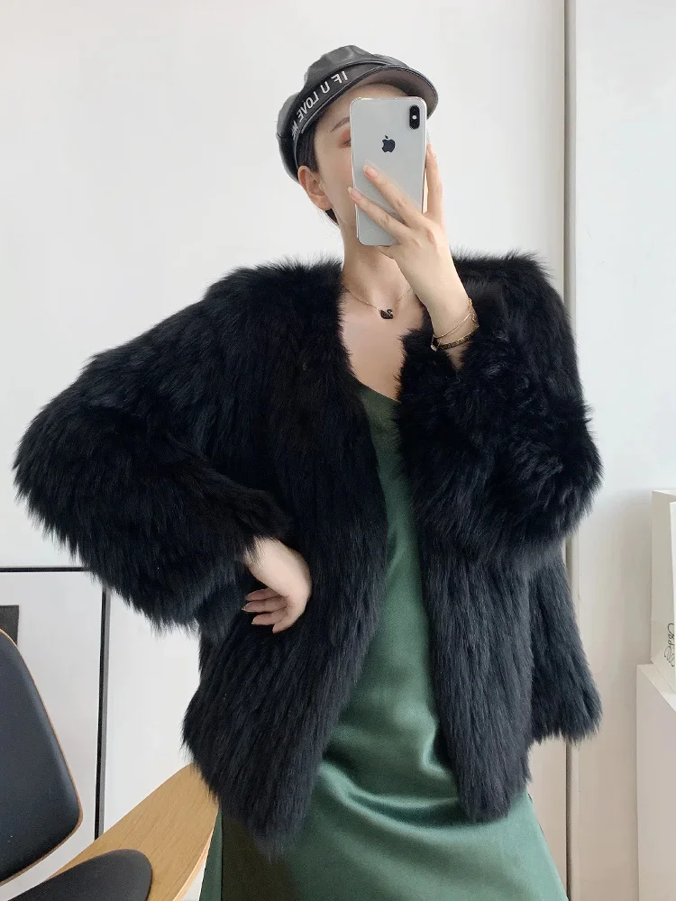 

Fox Natural Fur Woven Jacket Women High-end Solid Color Fashion V-neck Elegant Fluffy Warm Winter Real Coats