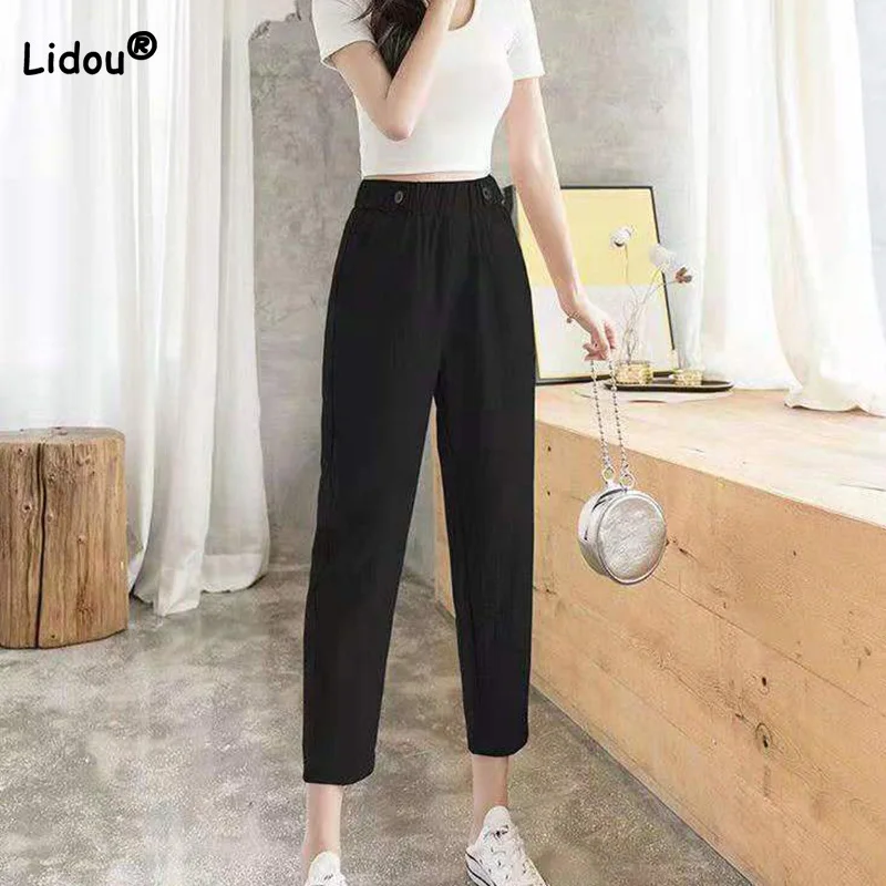 

Summer Thin Women's Casual New Ice Silk Cotton Hemp Cropped Trousers Solid Color Loose and High Waisted Versatile Harlan Pants