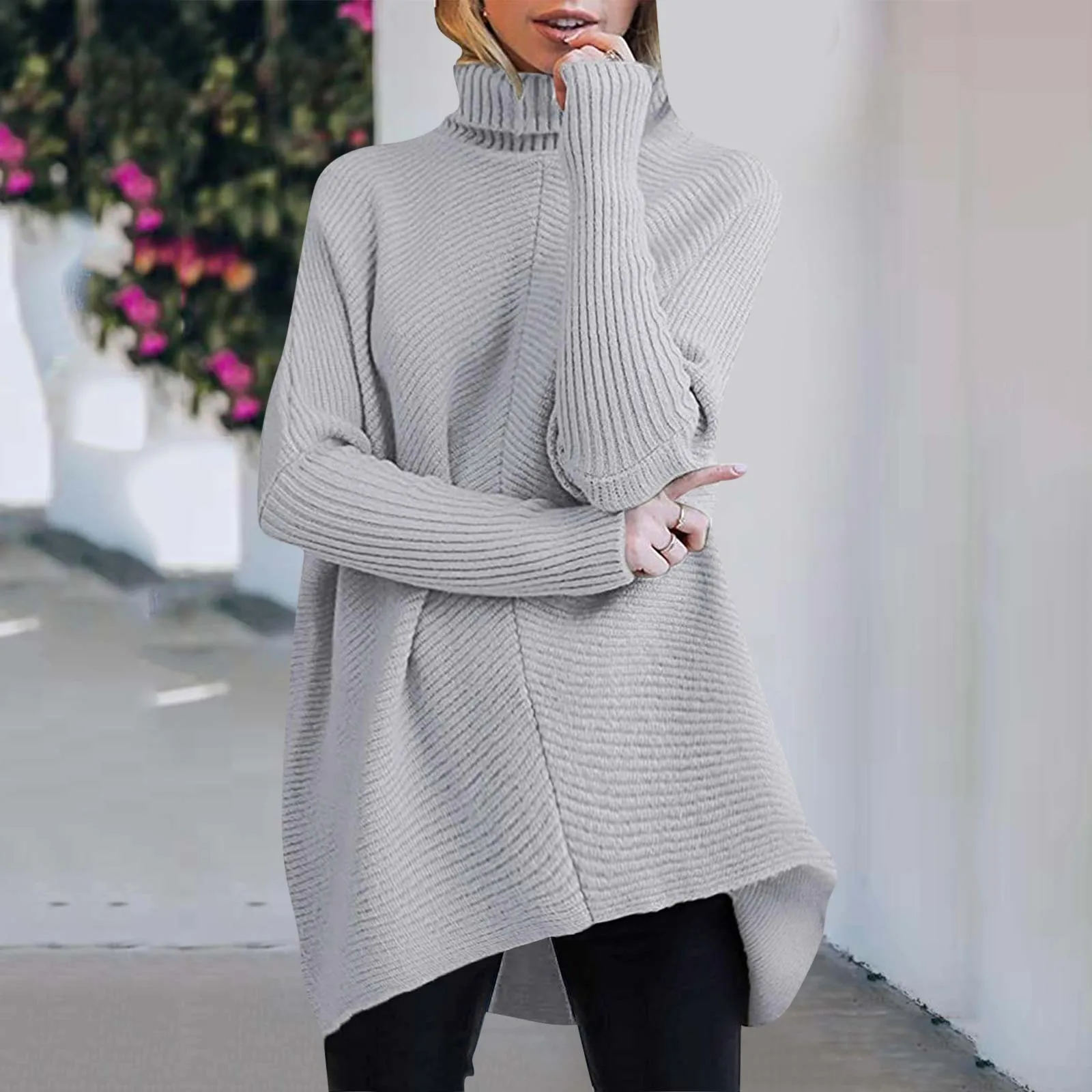 

Women Turtleneck Long Sweater Batwing Sleeve Asymmetric Hem Casual Pullover Fashion Solid Warm Sweater Knit Tops Sweatshirt